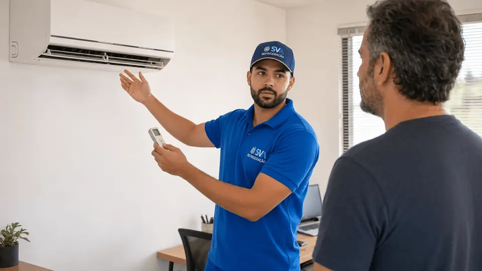 Técnico da SVA apresentando a manutenção preventiva para um cliente