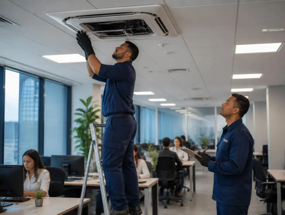 Equipe técnica uniformizada inspecionando ar-condicionado de teto em um escritório corporativo