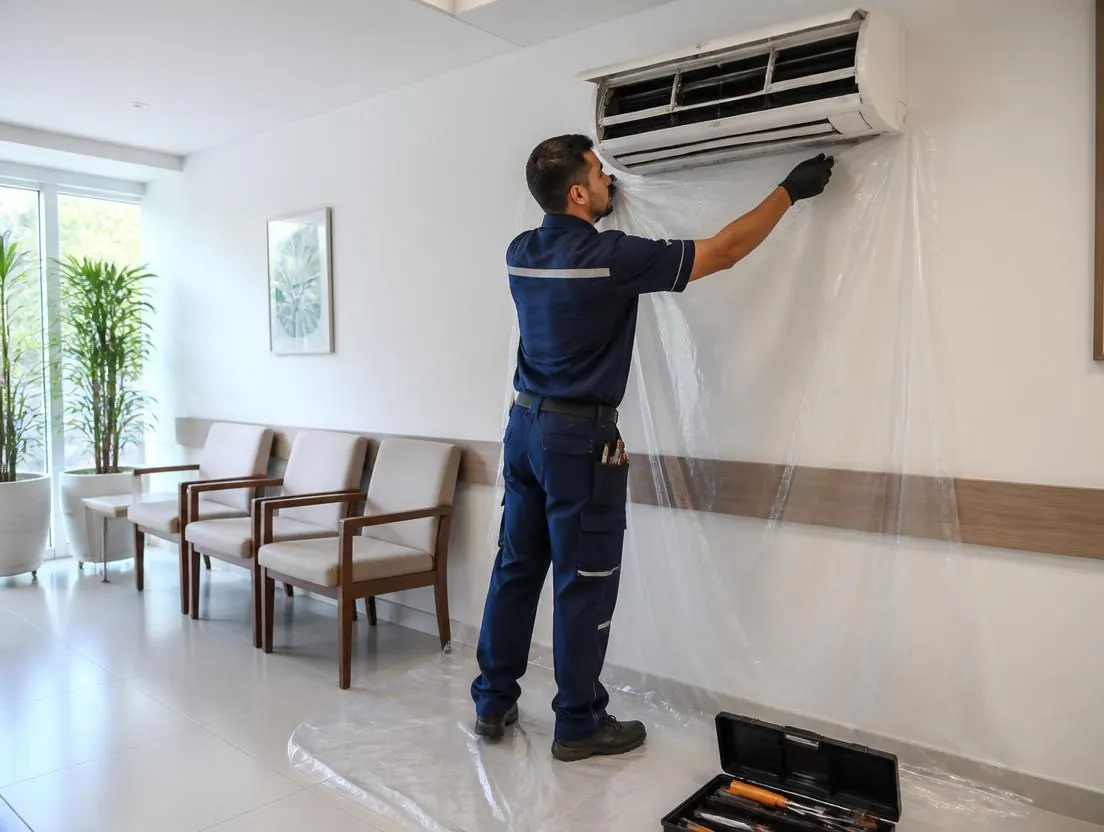Técnico protegendo a parede com plástico antes de higienizar o ar-condicionado de uma sala de espera de clínica