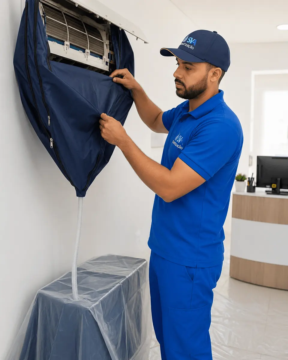 Ambiente protegido com lona antes da higienização do ar-condicionado